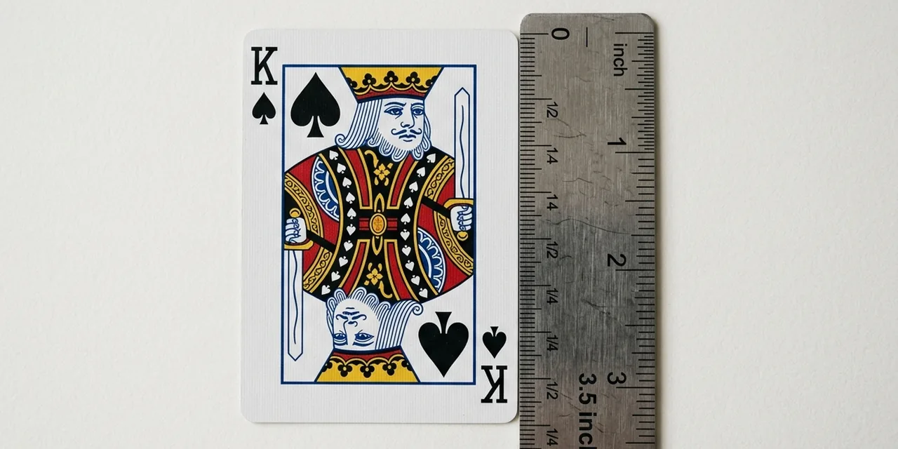 Playing card next to a steel ruler, measuring 3.5 in (89 mm)
