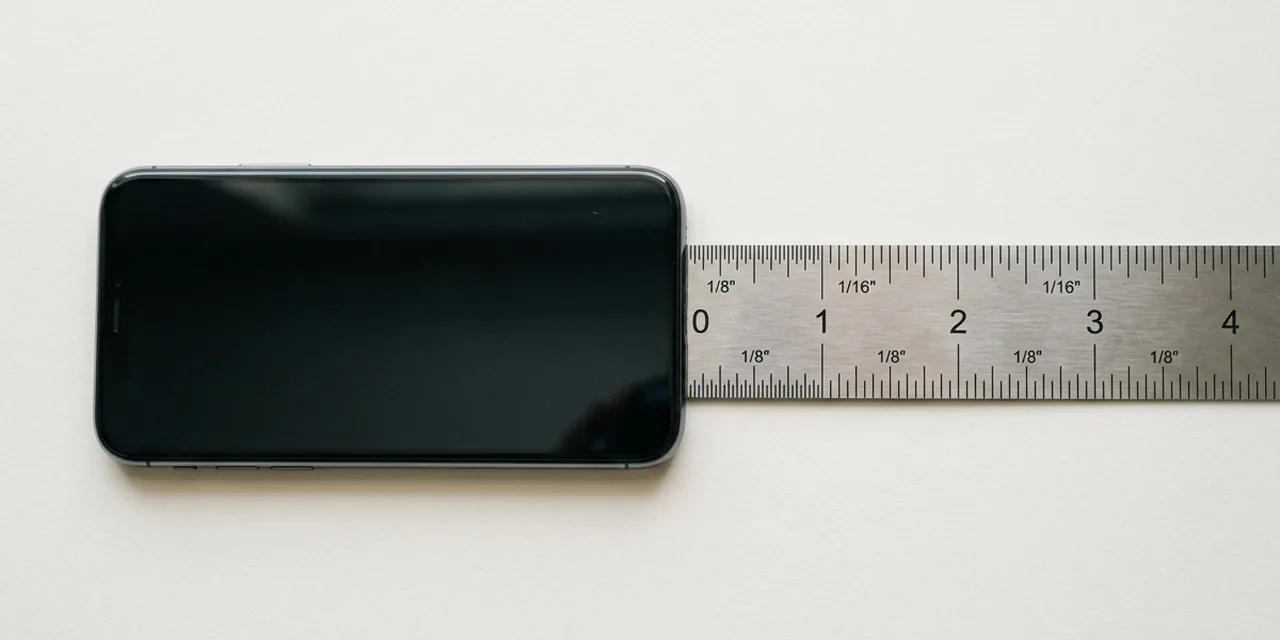 Smartphone next to a steel ruler, measuring ~2.9 in (74 mm)