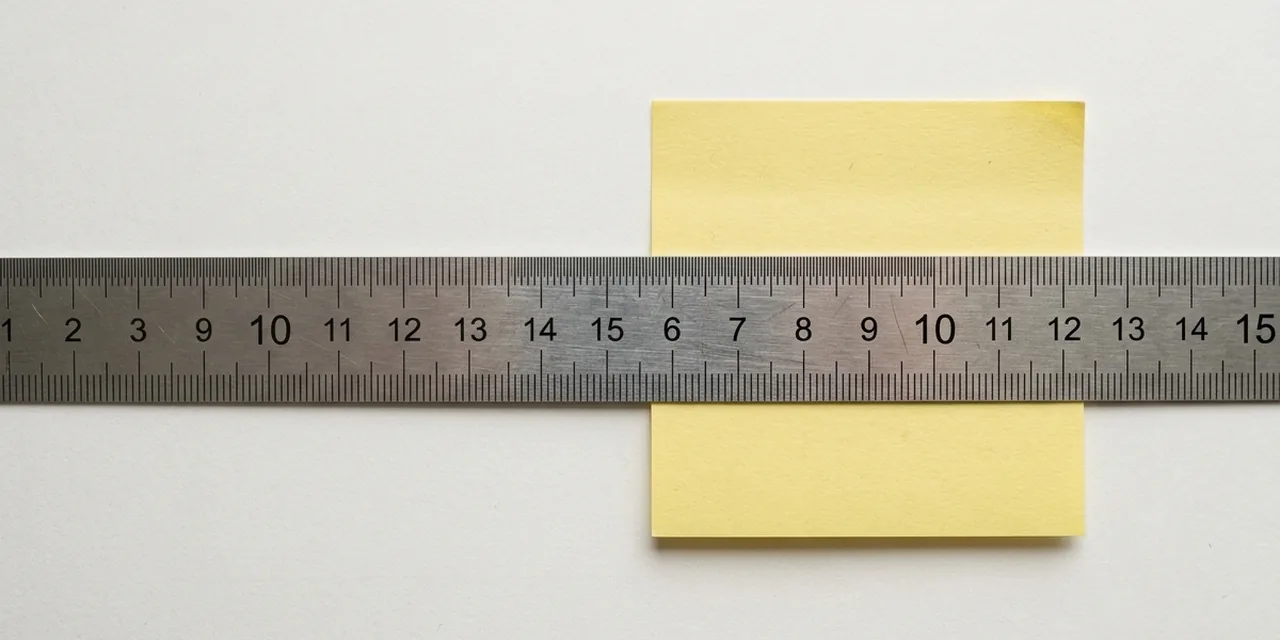 Sticky note next to a steel ruler, measuring 3 in (76 mm)