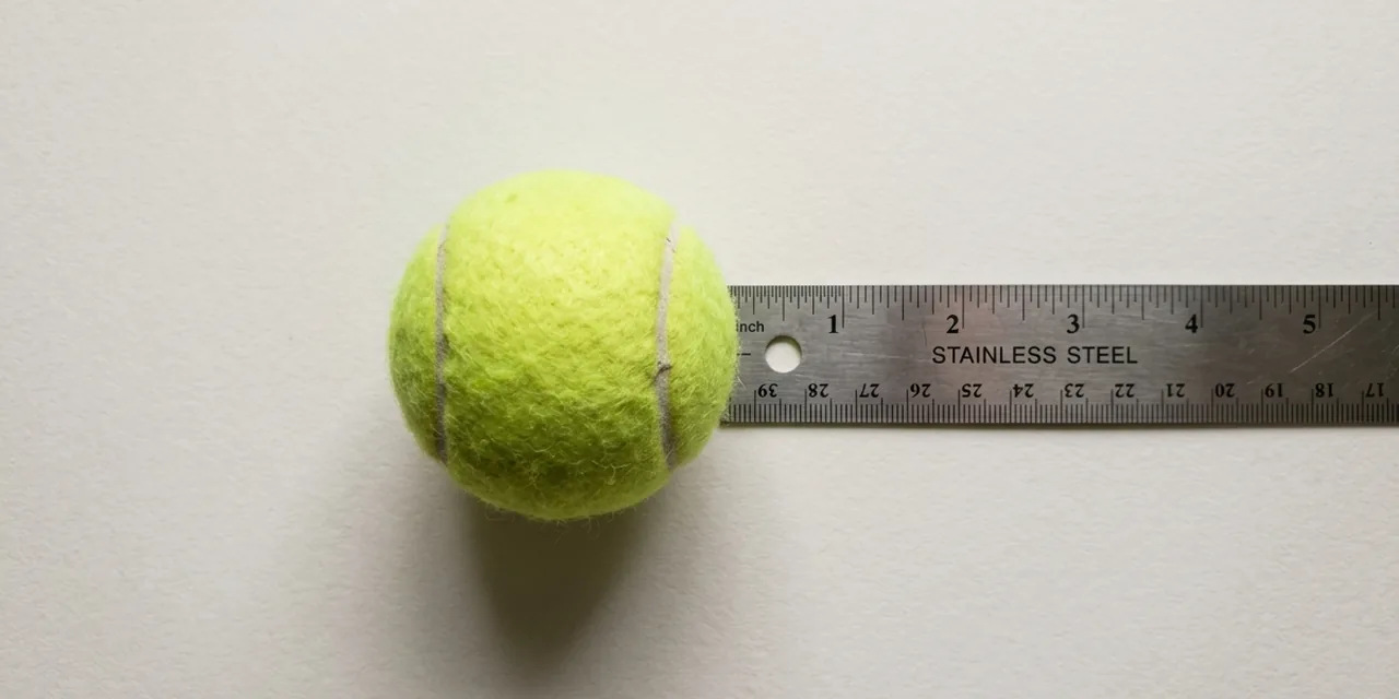 Tennis ball next to a steel ruler, measuring ~2.7 in (68 mm)