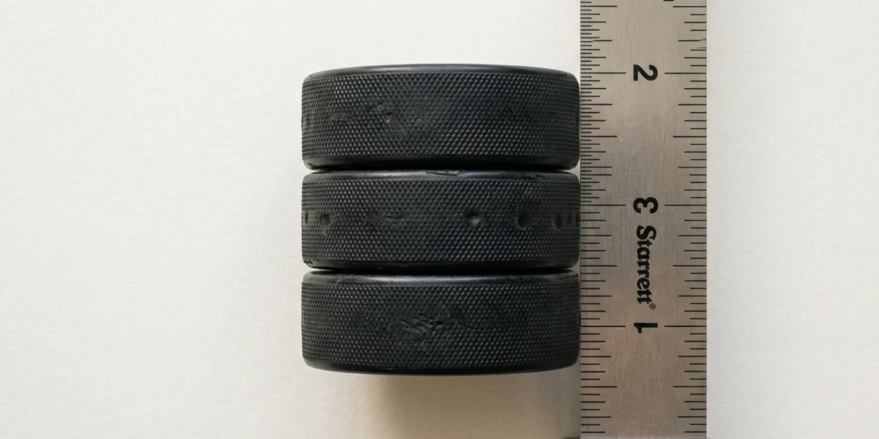 Three hockey pucks stacked next to a steel ruler, measuring 3 in (76.2 mm)