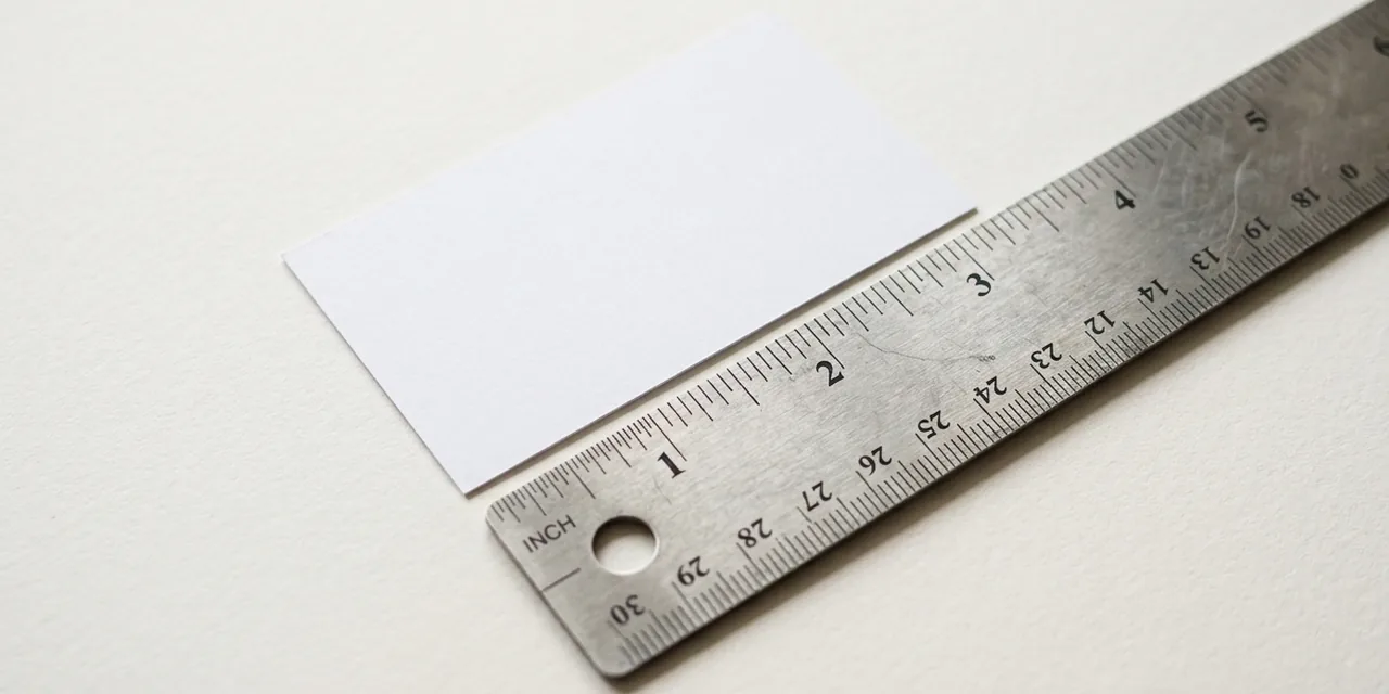 US business card next to a steel ruler, measuring 3.5 in (89 mm)