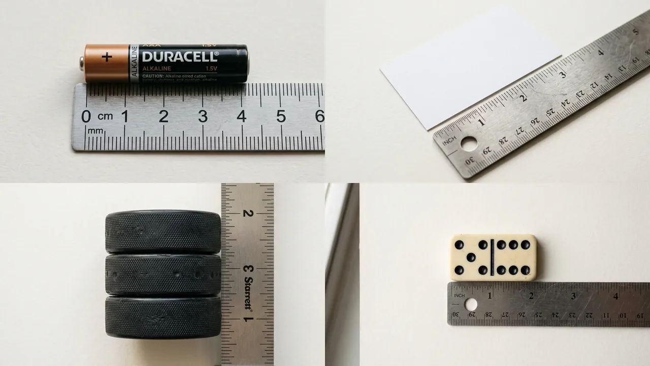 A AA battery, a domino and a business card short side on a steel ruler at the five centimetre mark