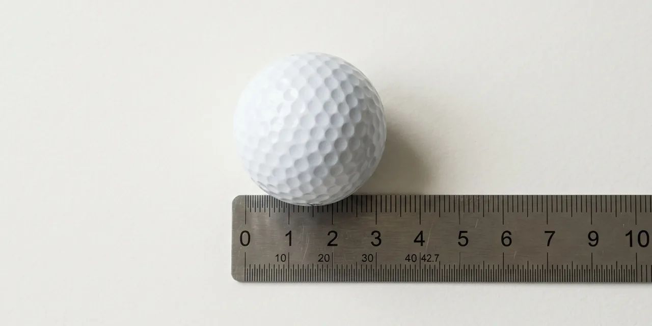 Golf ball next to a steel ruler, measuring 4.27 cm (42.7 mm)