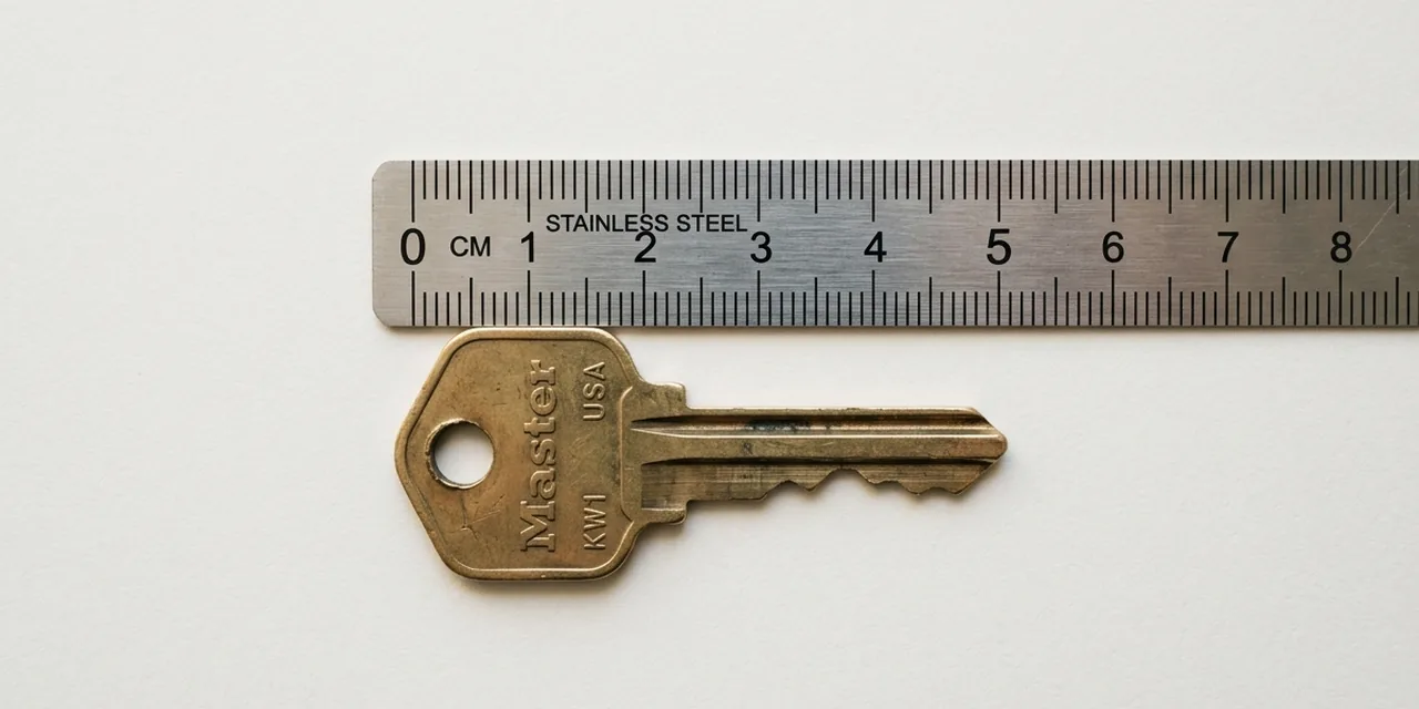 House key next to a steel ruler, measuring ~5.5 cm (55 mm)