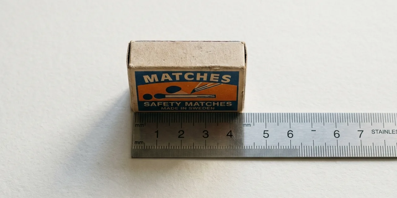 Matchbox next to a steel ruler, measuring ~5 cm (50 mm)