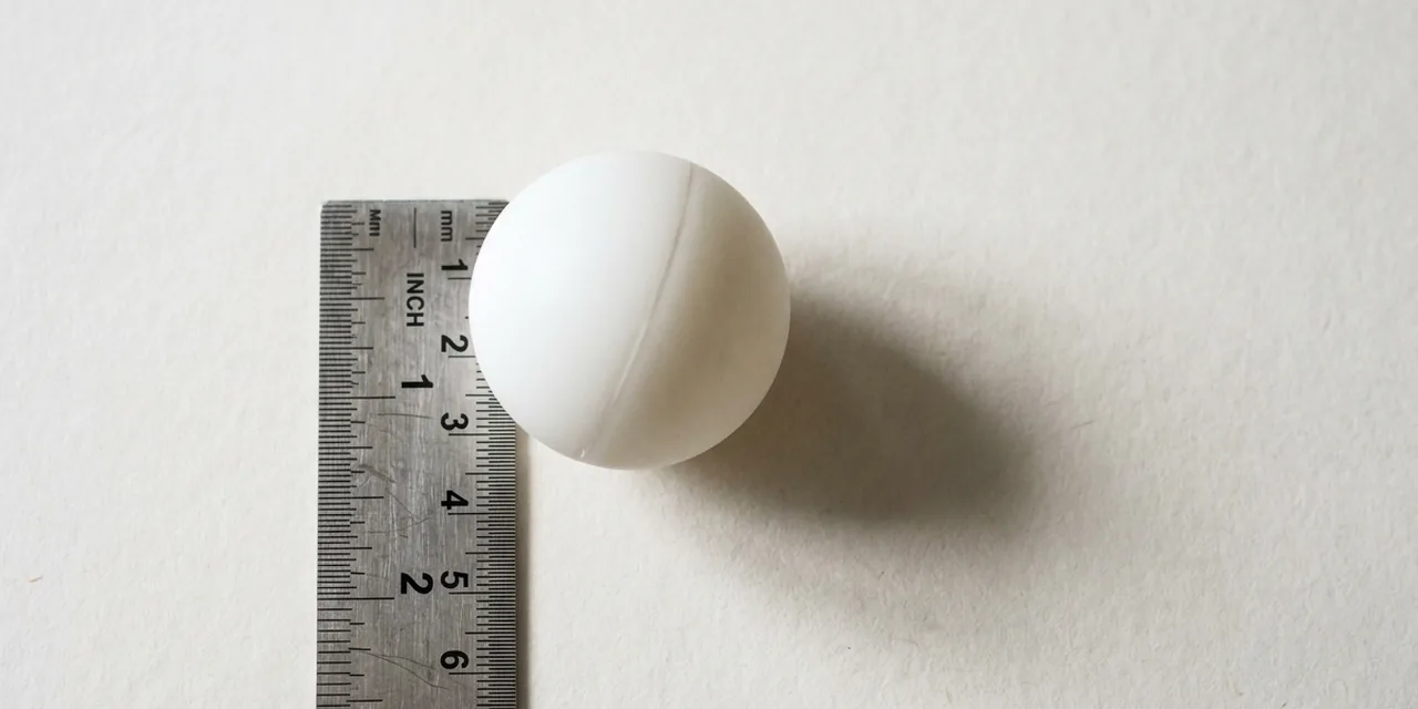 Ping-pong ball next to a steel ruler, measuring 4 cm (40 mm)