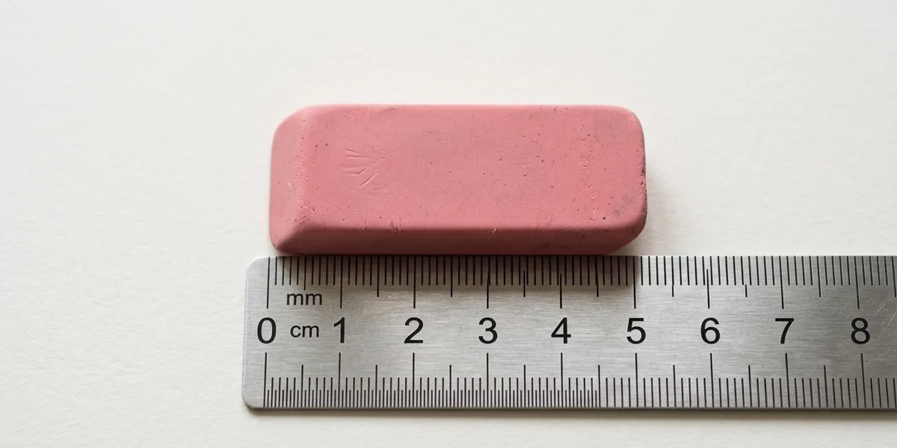 Pink eraser next to a steel ruler, measuring ~6 cm (60 mm)