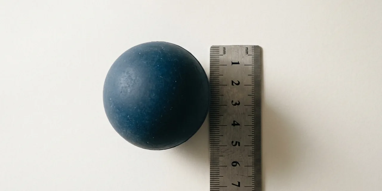 Racquetball next to a steel ruler, measuring 5.7 cm (57 mm)