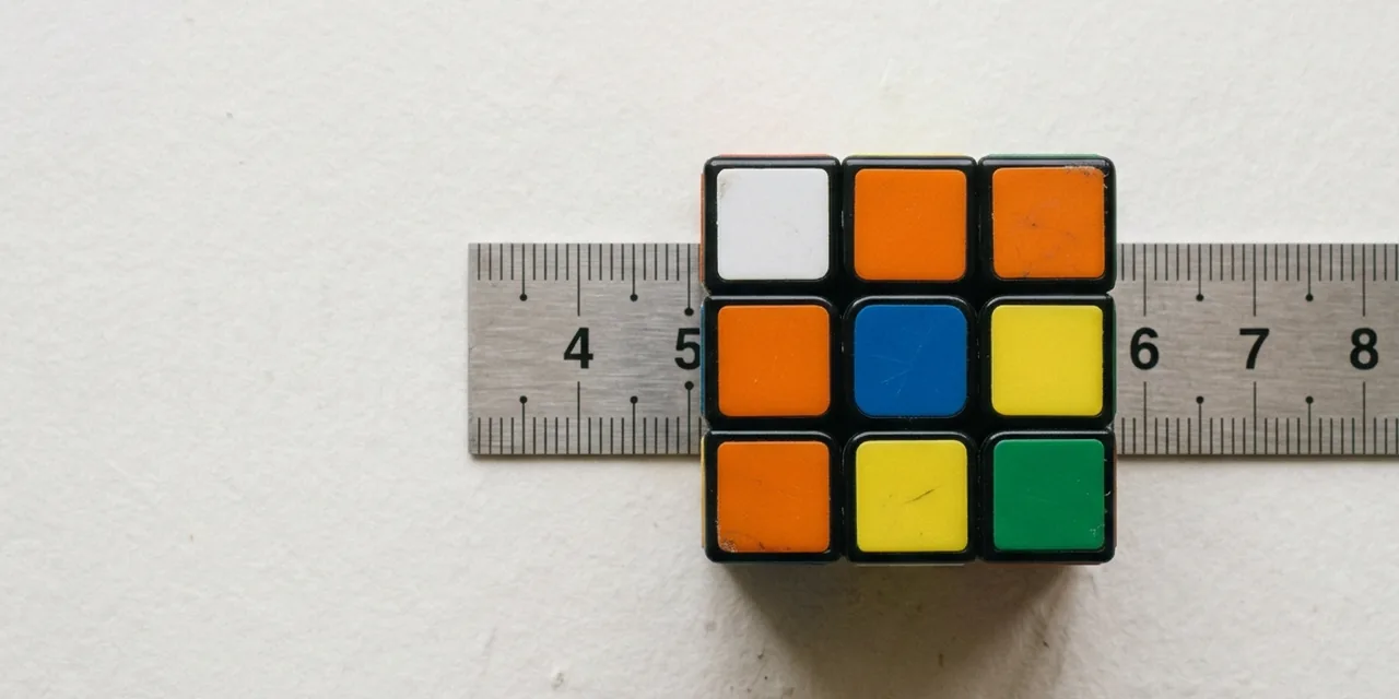 Rubik's cube next to a steel ruler, measuring 5.7 cm (57 mm)