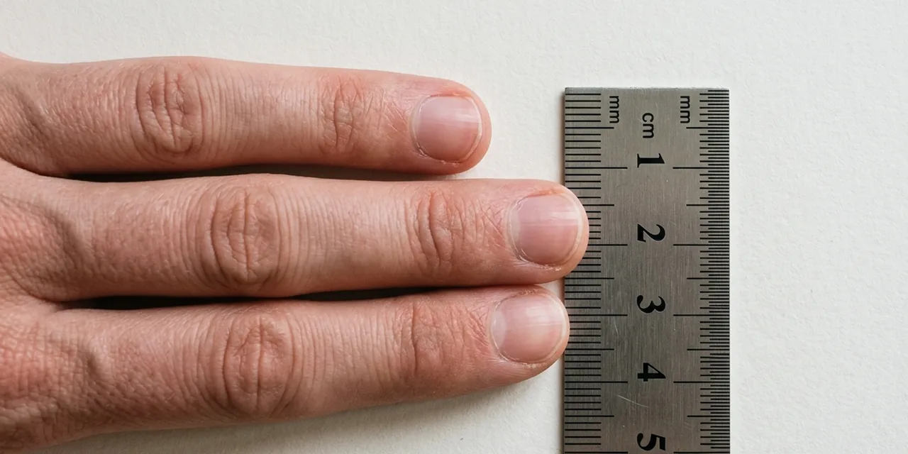 Three fingers next to a steel ruler, measuring ~5.5 cm (55 mm)