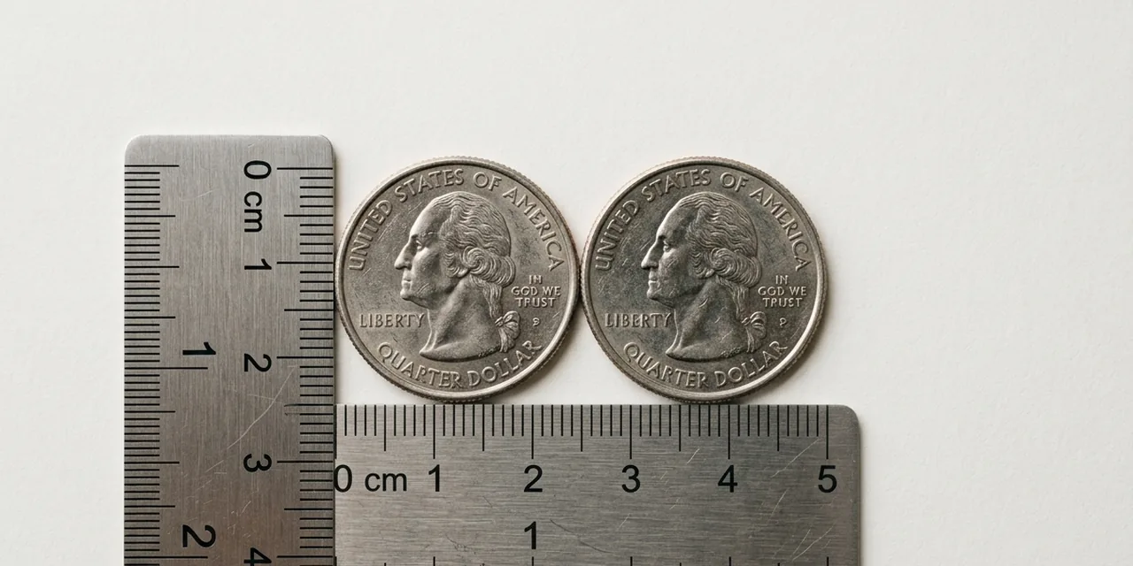 Two US quarters next to a steel ruler, measuring ~4.9 cm (49 mm)