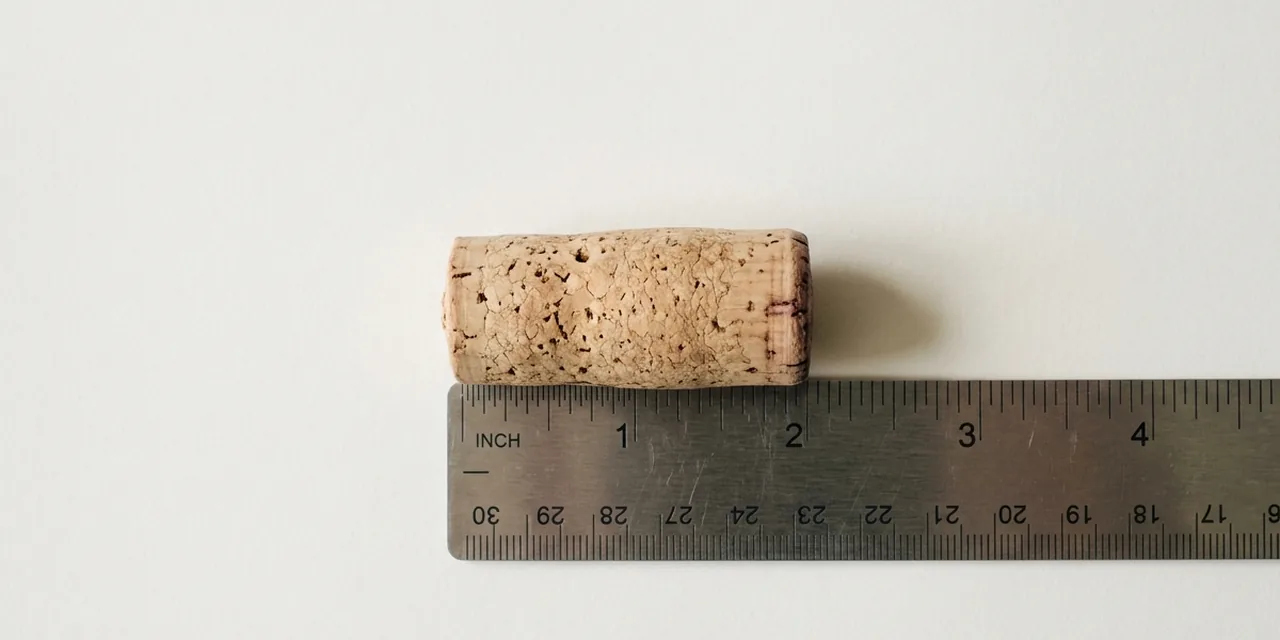 Wine cork next to a steel ruler, measuring ~4.5 cm (45 mm)