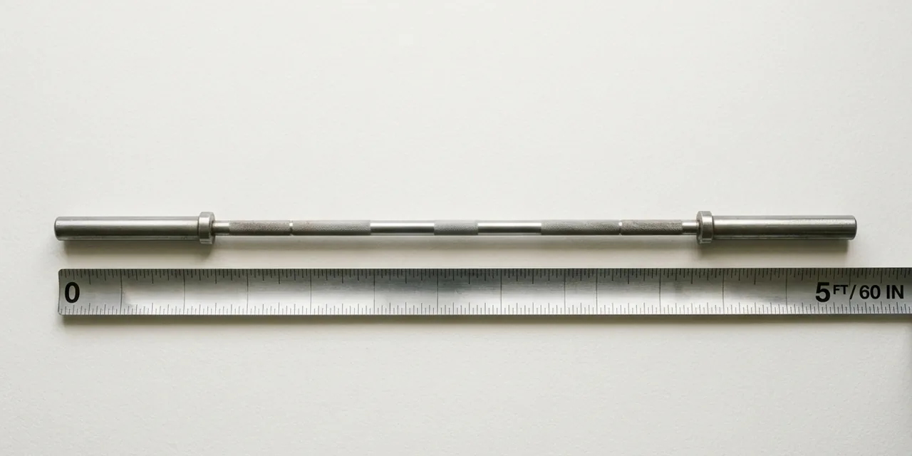 5 ft training barbell next to a steel ruler, measuring 5 ft (152 cm)