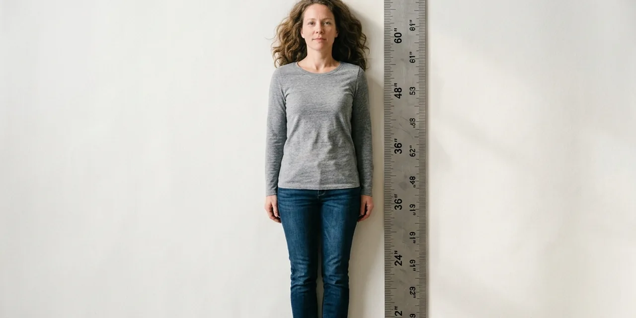 Adult woman next to a steel ruler, measuring ~5 ft 4 in (162 cm)