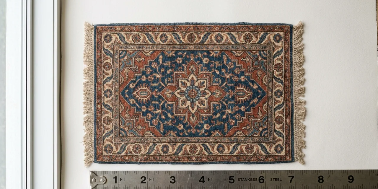 Area rug next to a steel ruler, measuring 5 ft (152 cm)