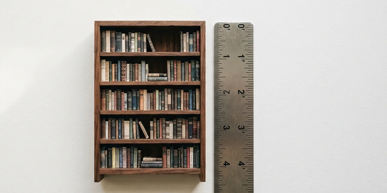 Five tier bookshelf next to a steel ruler, measuring ~5 ft (152 cm)