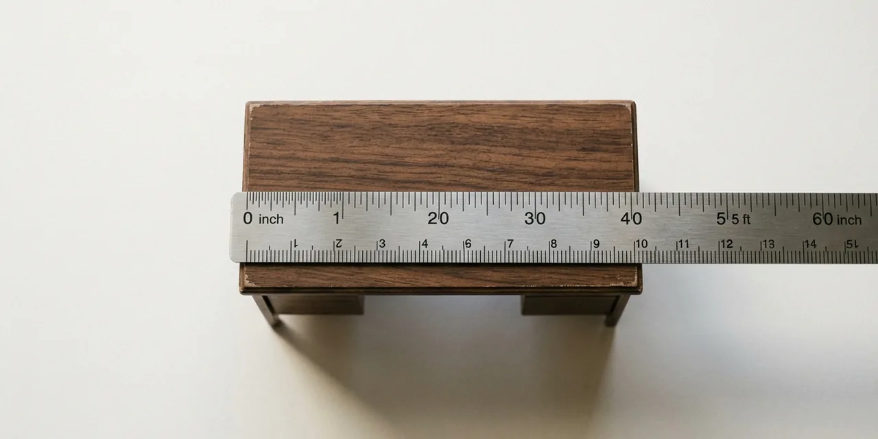 Office desk next to a steel ruler, measuring 5 ft (152 cm)