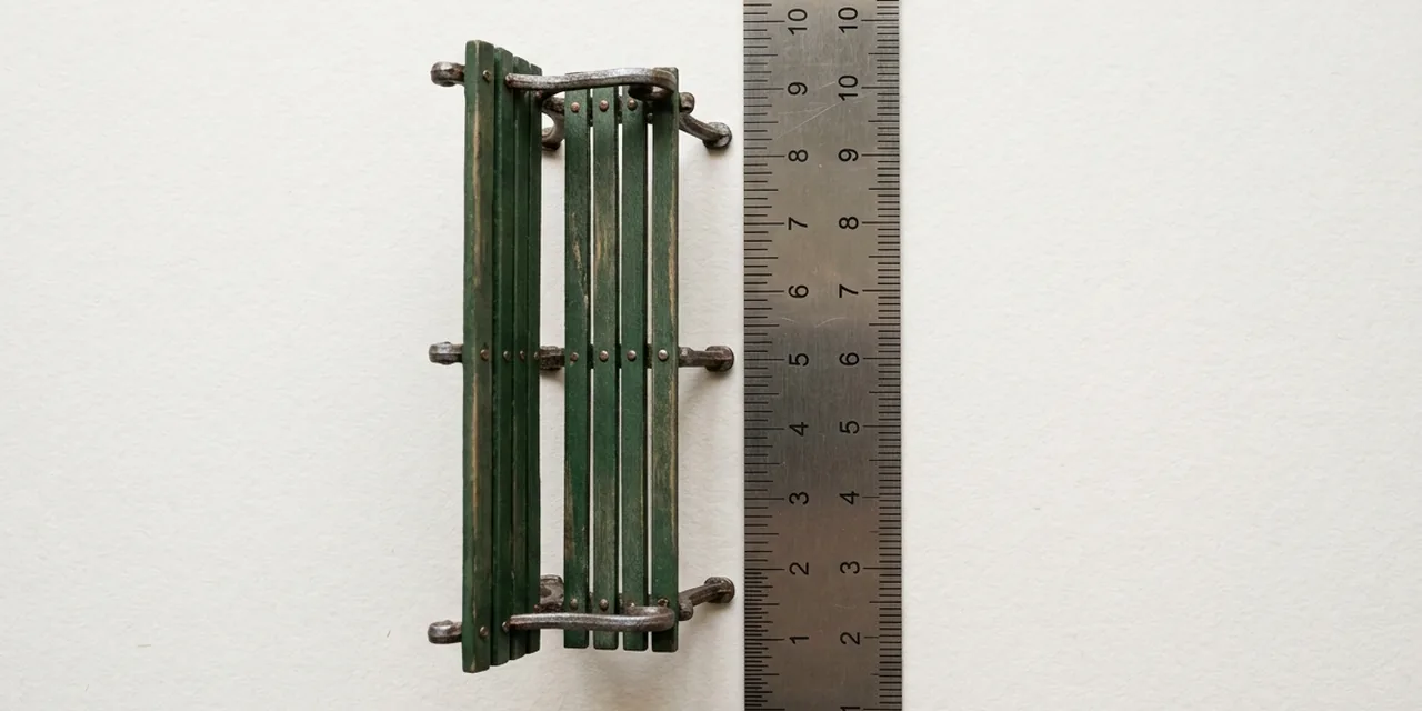 Park bench next to a steel ruler, measuring ~5 ft (152 cm)