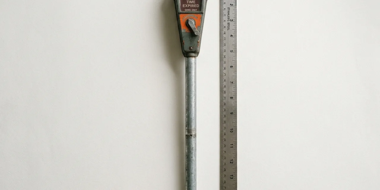 Parking meter next to a steel ruler, measuring ~5 ft (152 cm)