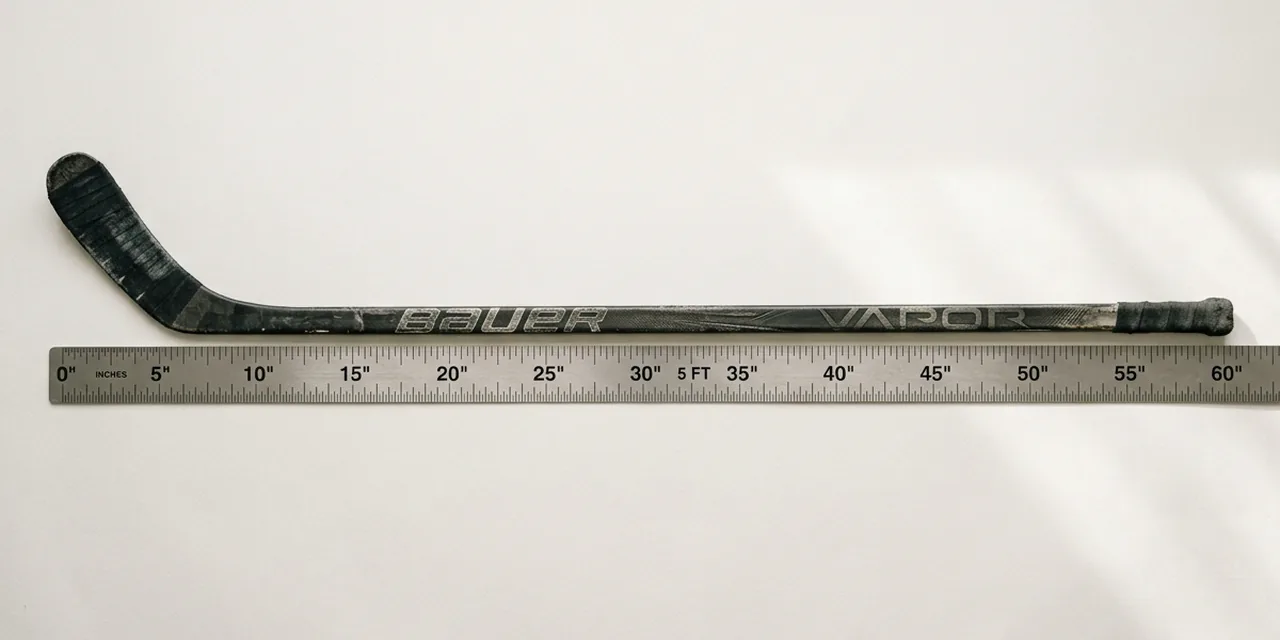 Senior hockey stick next to a steel ruler, measuring ~5 ft (152 cm)