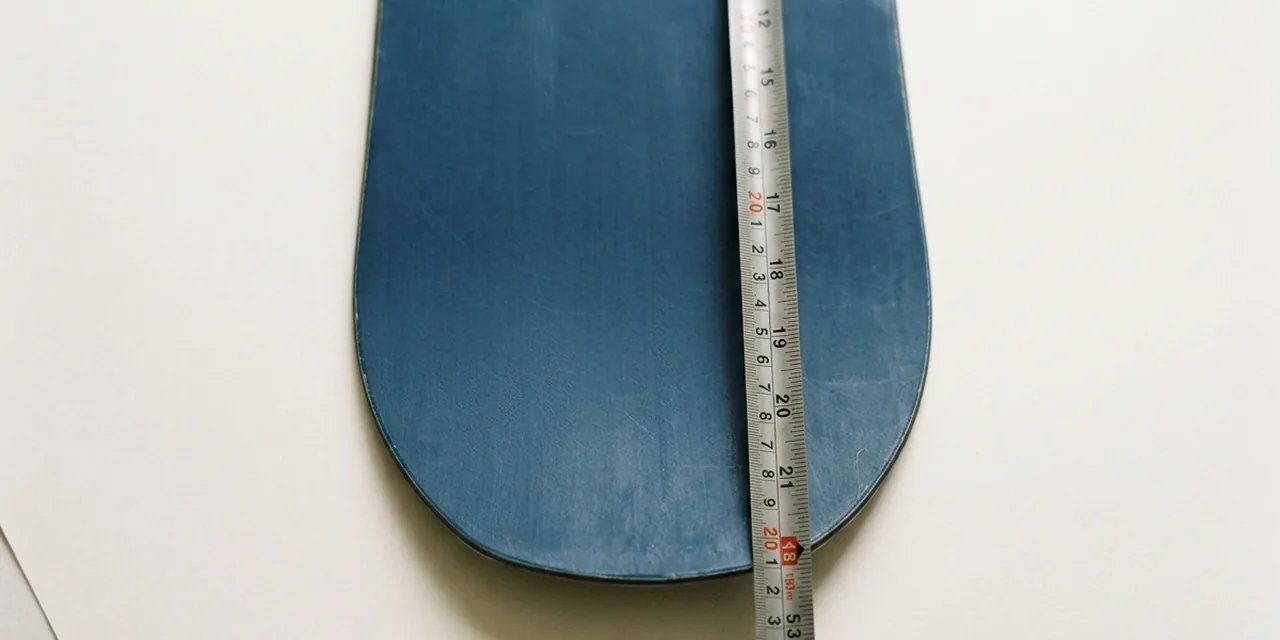 Snowboard next to a steel ruler, measuring ~4.9 ft (150 cm)