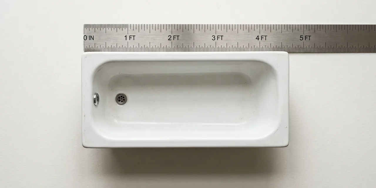 Standard bathtub next to a steel ruler, measuring 5 ft (152 cm)