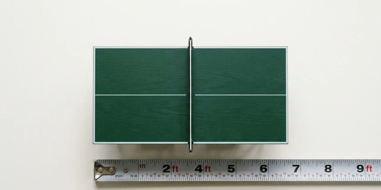 Table tennis table next to a steel ruler, measuring 5 ft (152.5 cm)