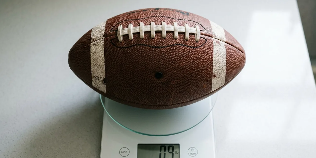 American football on a kitchen scale reading ~0.9 lb (410 g)