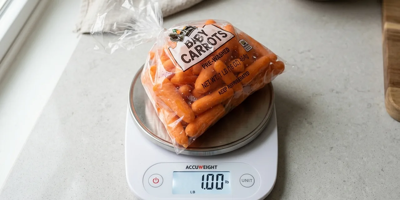 Bag of baby carrots on a kitchen scale reading 1 lb (454 g)