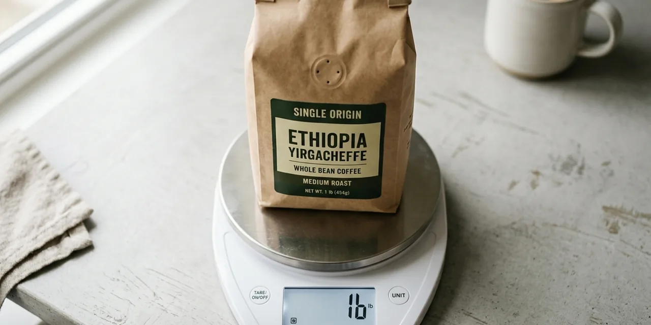 Bag of coffee on a kitchen scale reading 1 lb (454 g)