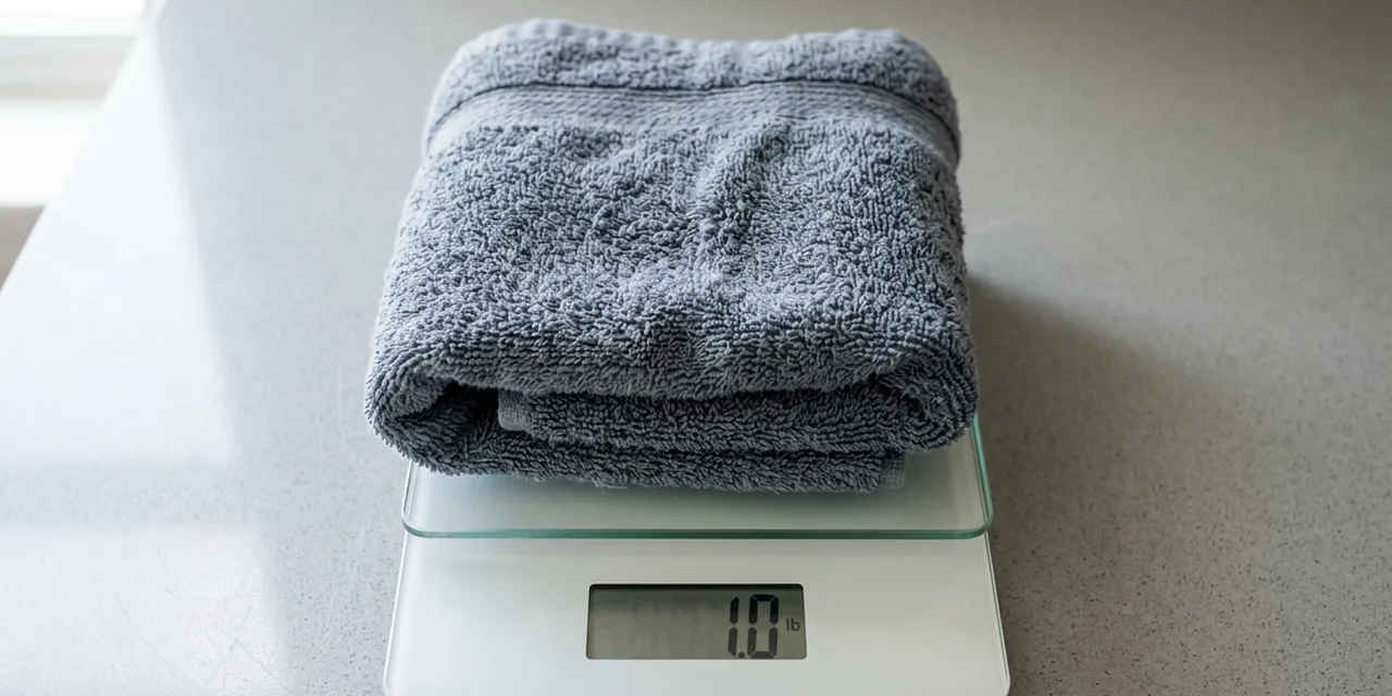 Bath towel on a kitchen scale reading ~1 lb (450 g)