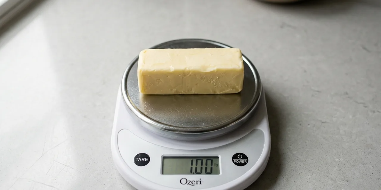 Block of butter on a kitchen scale reading 1 lb (454 g)