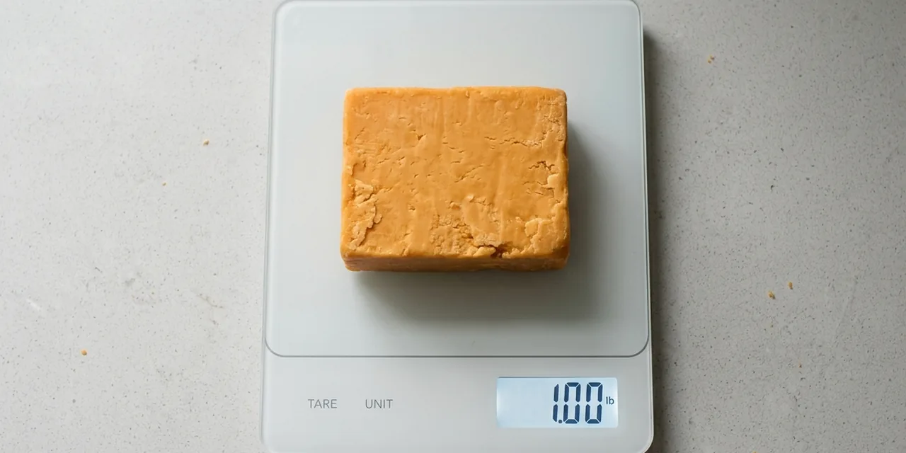 Block of cheese on a kitchen scale reading 1 lb (454 g)