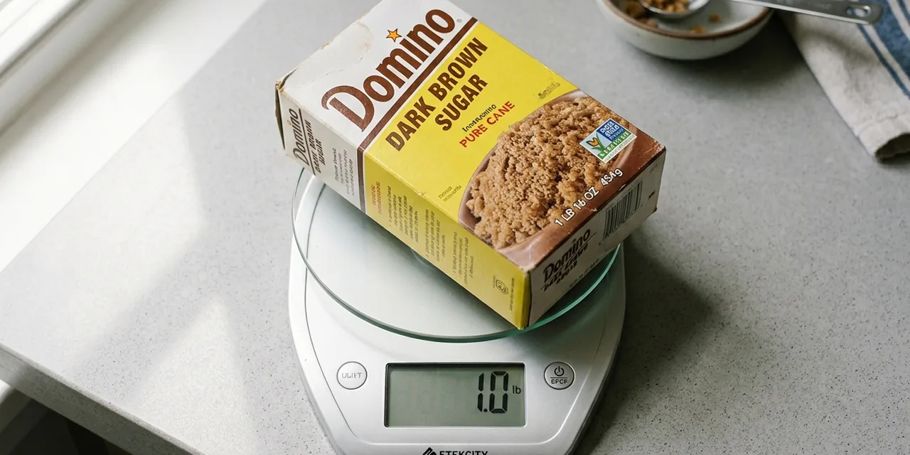Box of brown sugar on a kitchen scale reading 1 lb (454 g)