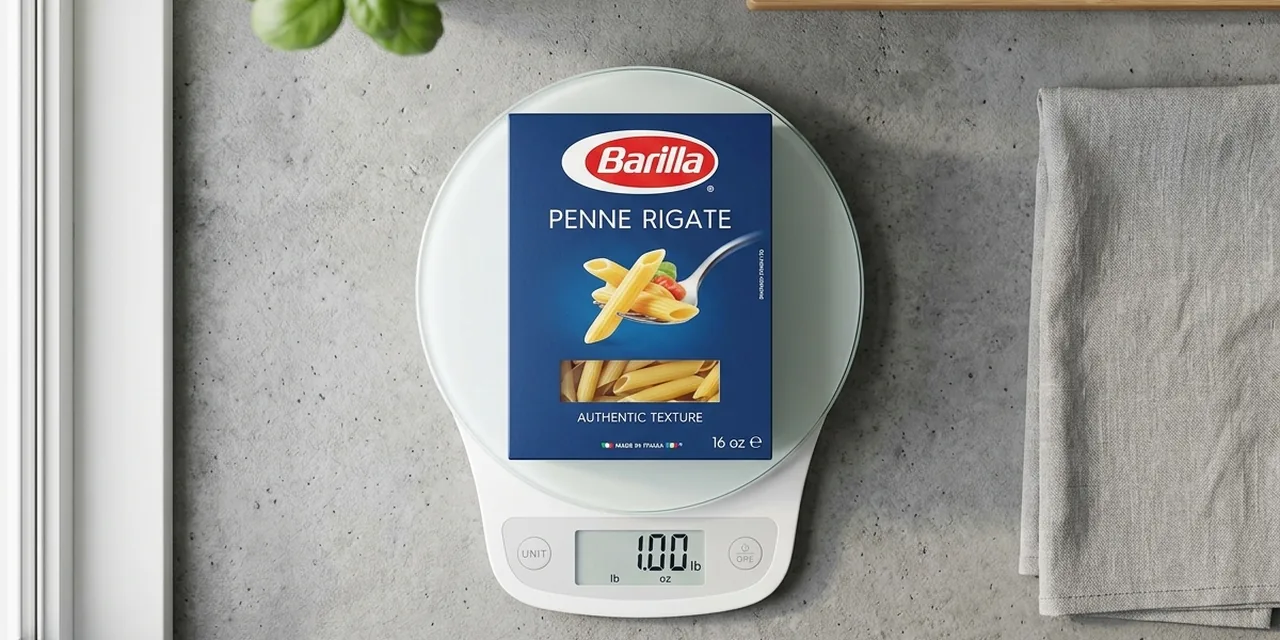 Box of pasta on a kitchen scale reading 1 lb (454 g)