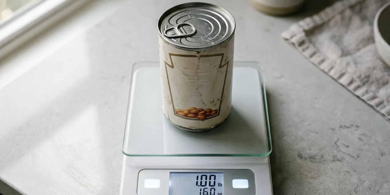 Can of beans on a kitchen scale reading ~1 lb (454 g)