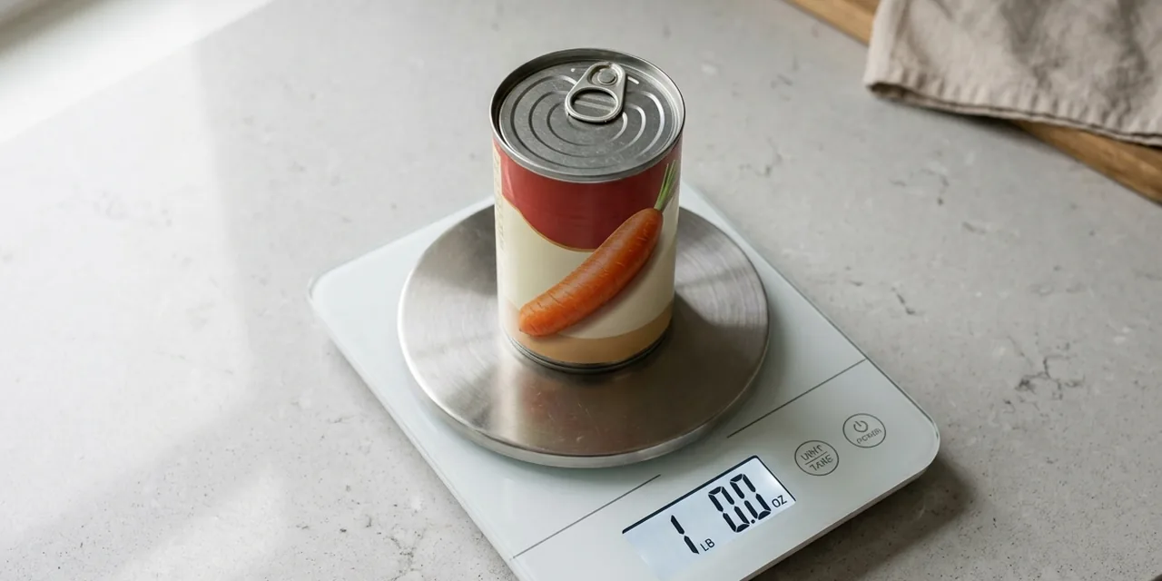Can of soup on a kitchen scale reading ~1 lb (450 g)