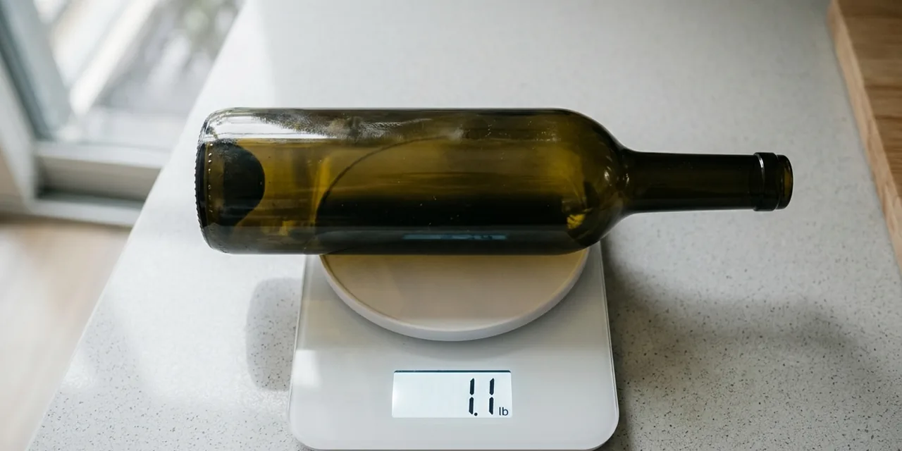Empty wine bottle on a kitchen scale reading ~1.1 lb (500 g)