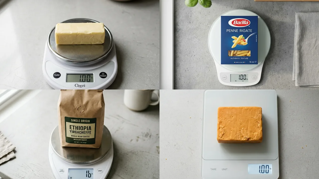 A block of butter, a box of pasta and a bag of coffee on a kitchen scale reading one pound
