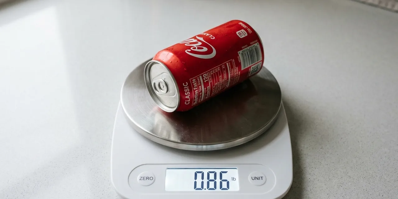 Full can of soda on a kitchen scale reading ~0.86 lb (390 g)