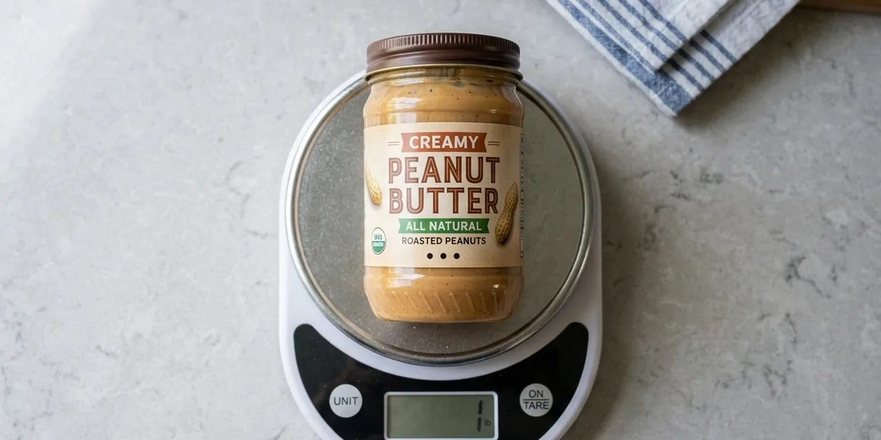 Jar of peanut butter on a kitchen scale reading 1 lb (454 g)