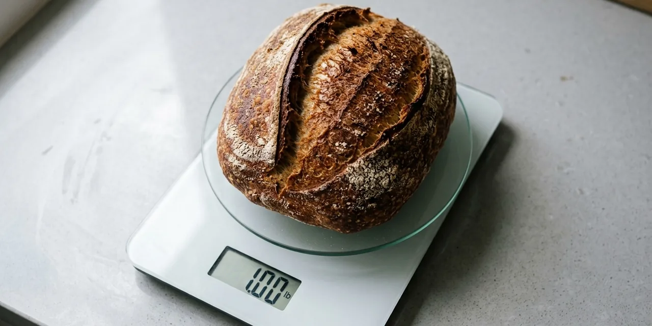 Loaf of bread on a kitchen scale reading ~1 lb (454 g)