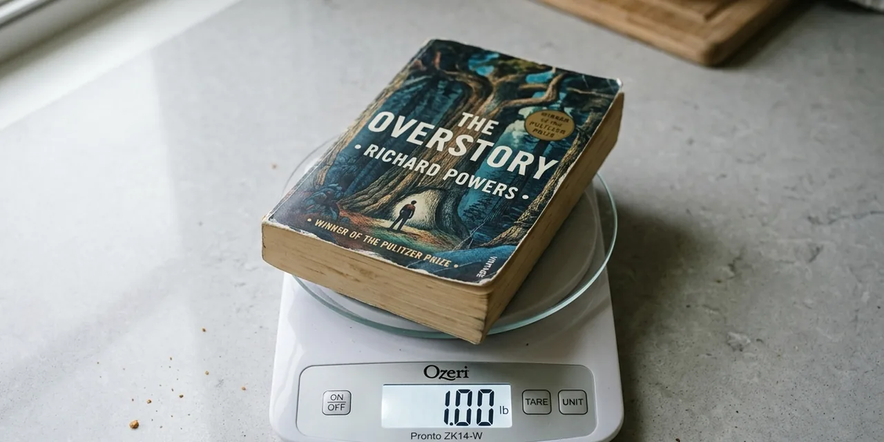 Paperback book on a kitchen scale reading ~1 lb (450 g)