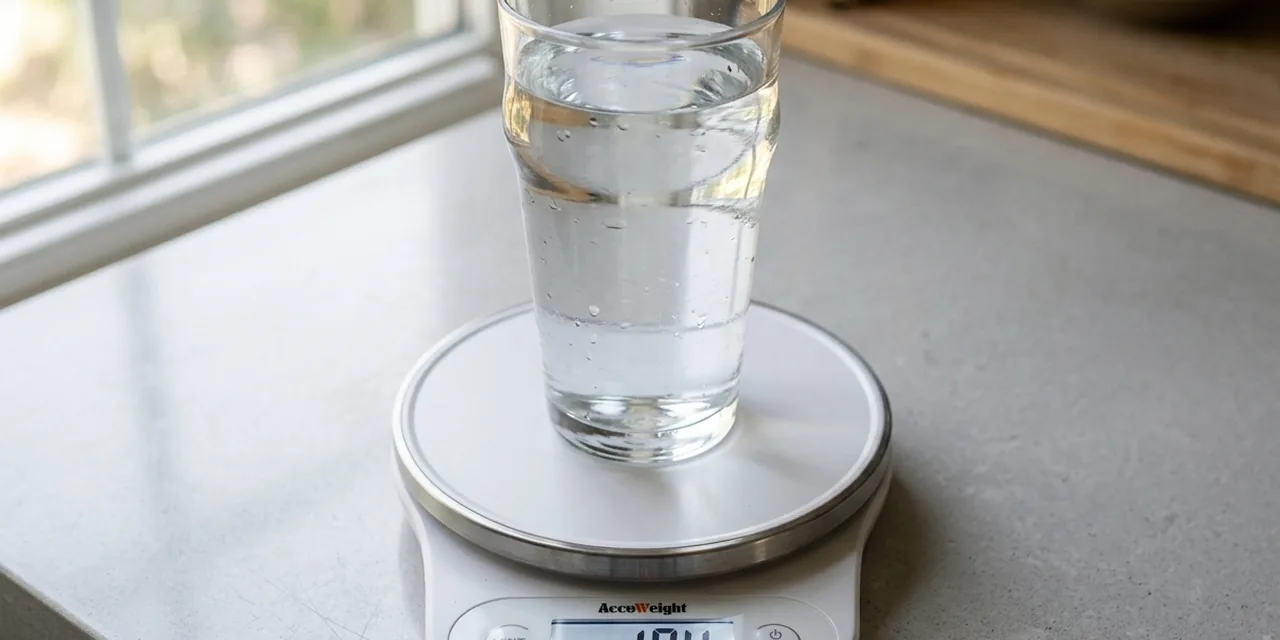Pint of water on a kitchen scale reading ~1.04 lb (473 g)