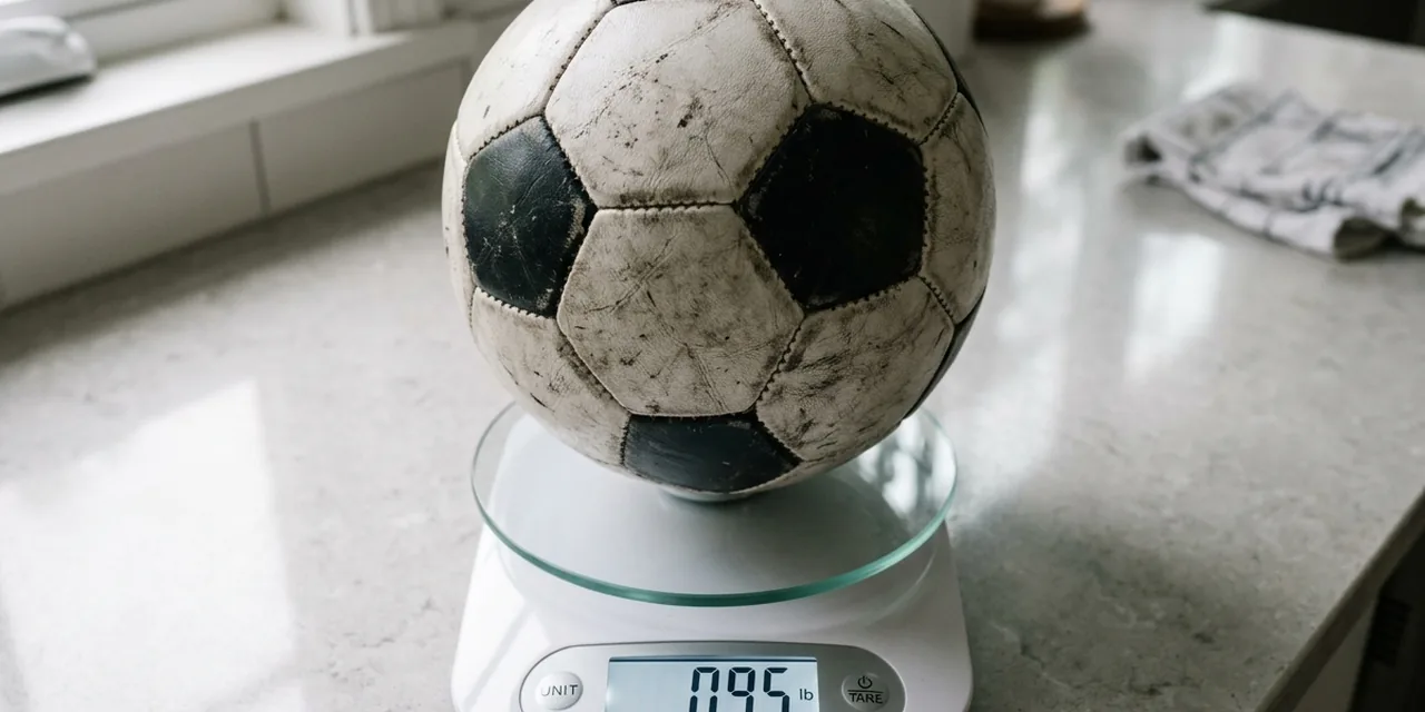 Soccer ball on a kitchen scale reading ~0.95 lb (430 g)