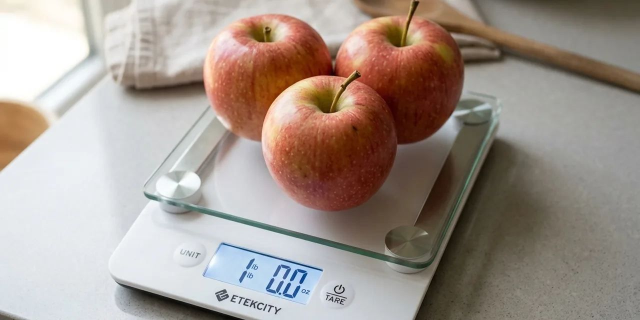 Three medium apples on a kitchen scale reading ~1 lb (454 g)