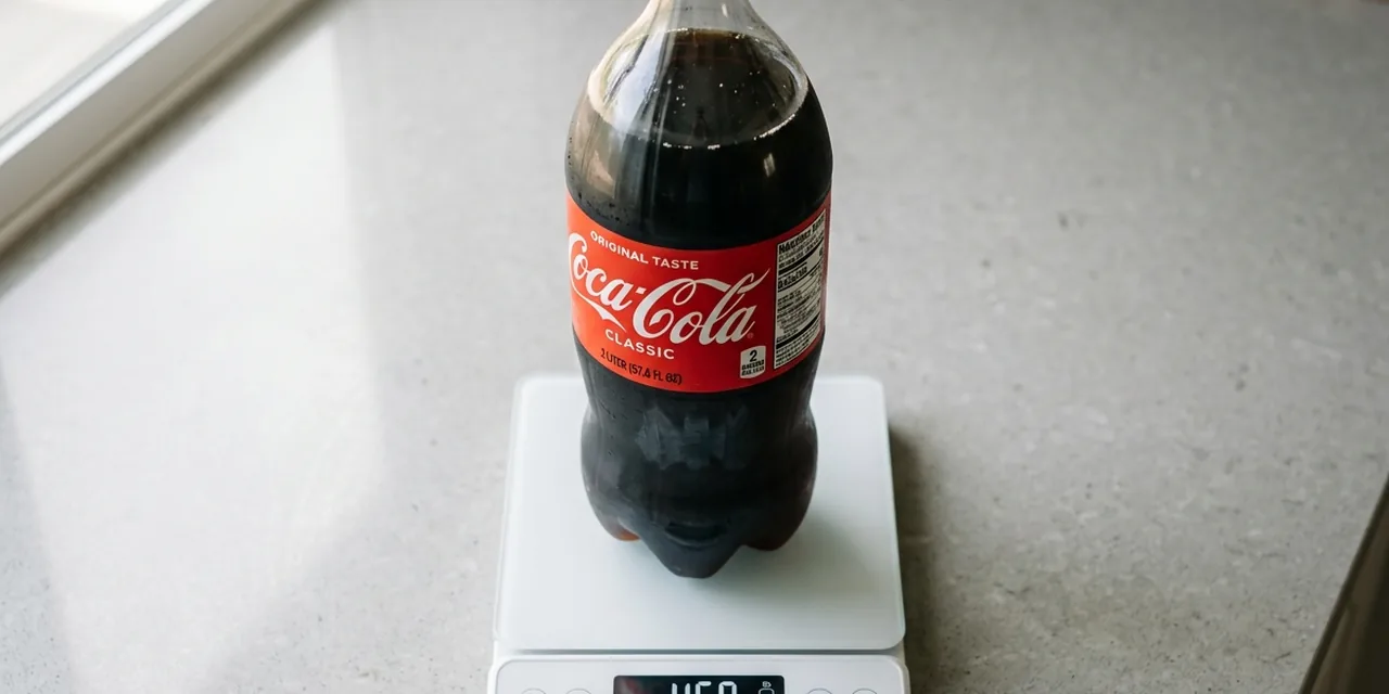 2 liter bottle of soda on a kitchen scale reading ~4.6 lb (2.1 kg)