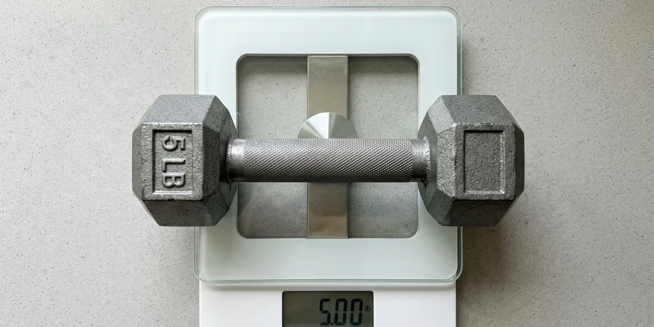 5 lb dumbbell on a kitchen scale reading 5 lb (2.27 kg)