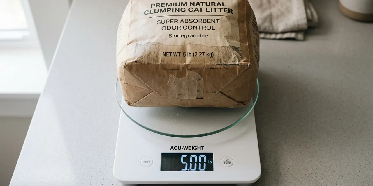 Bag of cat litter on a kitchen scale reading 5 lb (2.27 kg)